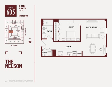 Floor plan for 1 bed, 1 bath, 604 sqft